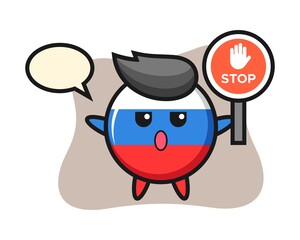 Russia flag badge character illustration holding a stop sign