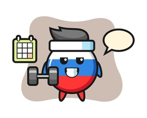 Russia flag badge mascot cartoon doing fitness with dumbbell
