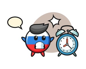 Cartoon illustration of russia flag badge is surprised with a giant alarm clock