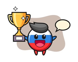 Cartoon illustration of russia flag badge is happy holding up the golden trophy