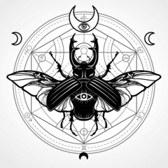 Horned bug. Mystical circle. Esoteric symbol, sacred geometry. Sign of the moon. Monochrome drawing isolated on a grey background. Vector illustration. Print, posters, t-shirt, textiles.