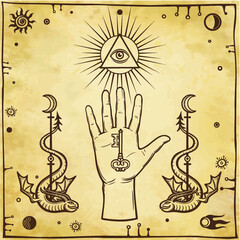 Human hand holds the key, dragons tempters, shining Eye of Providence.  Esoteric, Religion, occultism. Background - imitation of old paper. Vector illustration.