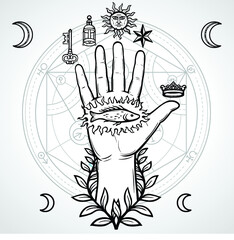 Mystical symbol: human hand, sacred geometry. Alchemical circle of transformations. Vector illustration isolated on a gray background. Print, poster, t-shirt, card.