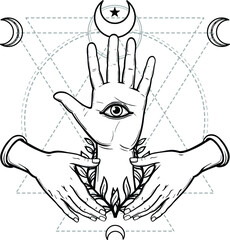 Mystical symbol: human hand, Eye of Providence, sacred geometry. Esoteric, religion, occultism. Vector illustration isolated on a white background. Print, poster, t-shirt, card.