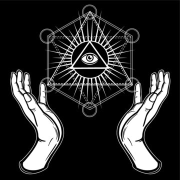 Human hands hold the shining triangle, a providence eye. Sacred geometry, mystical symbol. Vector illustration isolated on a black background.