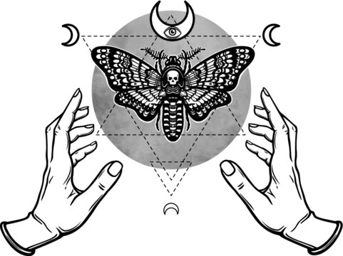 Human hands hold a moth the Dead Head. Symbols of the moon. Mysticism, esoteric, sorcery. Sacred geometry. Coloring book. Vector illustration isolated on a white background.
