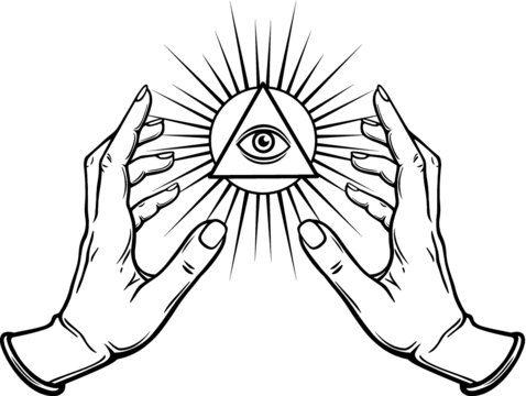Human hands hold the shining triangle a symbol of eyes. Coloring book. Vector illustration isolated on a white background.