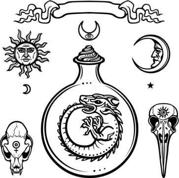 Set of alchemical symbols. Origin of life. Mystical snakes in a  test tube. Religion, mysticism, occultism, sorcery.Vector illustration isolated on a white background.