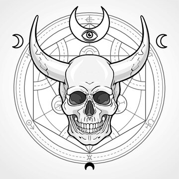 Fantastic horned human skull. Demon, fairy tale character. Mystical circle. Esoteric symbol. Monochrome drawing isolated on a grey background. Vector illustration. Print, posters, t-shirt, textiles.