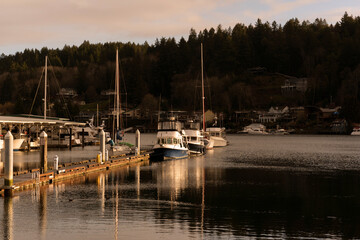 Fototapeta na wymiar Gig Harbor Marina and Boats, Taken in Washington at Sunrise
