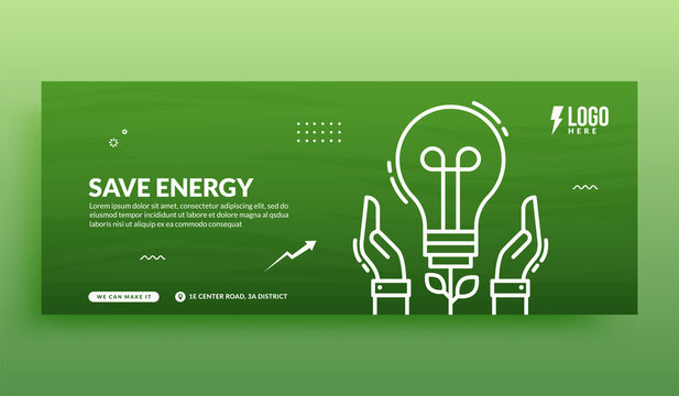 Saving energy and save the world social media cover banner template, Hand hold light bulb plant on green background
