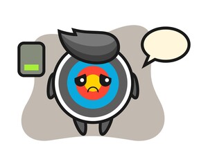 Target archery mascot character doing a tired gesture