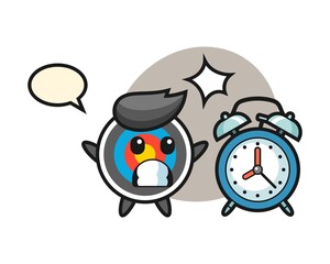 Cartoon illustration of target archery is surprised with a giant alarm clock
