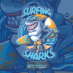 Surfing Shark Illustration Logo Template