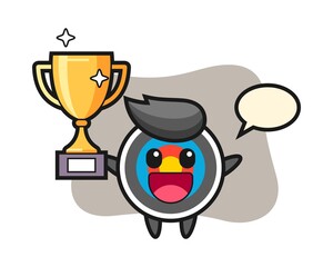 Cartoon illustration of target archery is happy holding up the golden trophy