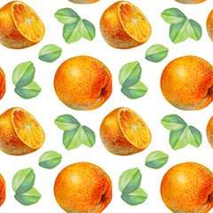 Seamless pattern watercolor citrus fruit orange slice and green leaves isolated on white background. Hand-drawn food object for menu, sticker, wrapping, card, wallpaper