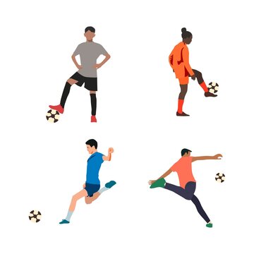 Football soccer player set of isolated characters and modern set of soccer and football icons. Vector illustration.