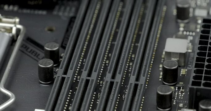 Truck shot of RAM Socket. Circuit board with capacity, Computer Motherboard with electronic capacity components device