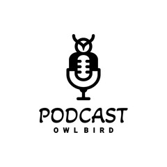 Double Meaning Logo Design Combination of Microphone podcast and owl bird