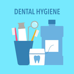 Dental hygiene items- toothbrush, toothpaste, floss, mouthwash and dental mirror in flat design. Teeth care concept. Oral healthcare.