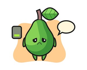 Avocado mascot character doing a tired gesture
