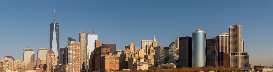 Ultra wide panorama image of daytime view of lower Manhattan, New York City.