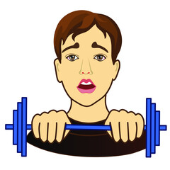 Emoticon with a cool man weightlifter that raises the barbell, color vector clip art on white isolated background
