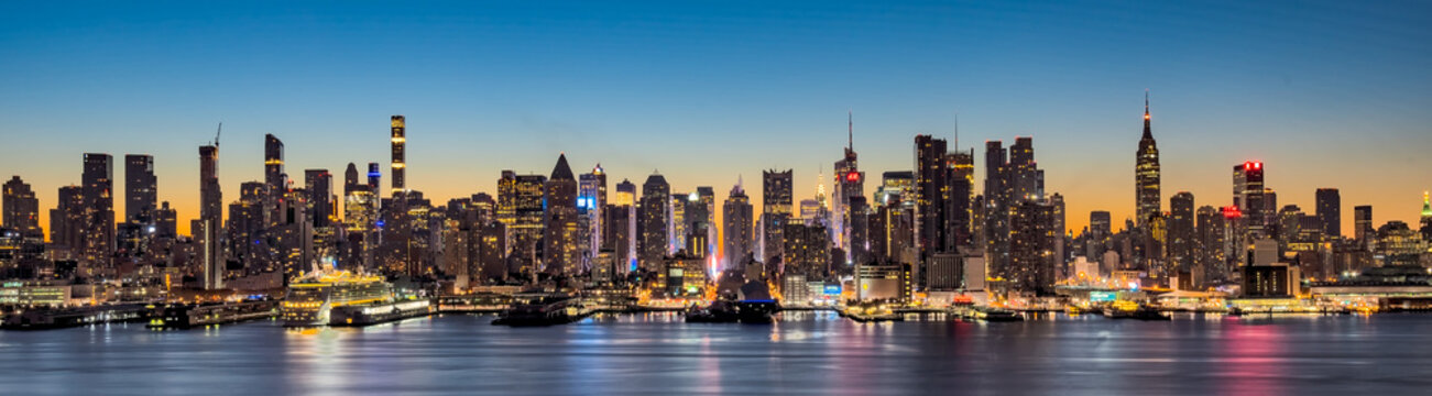 Ultra wide panorama image of Manhattan, New York early in the morning.