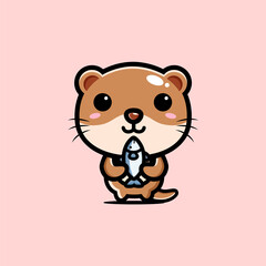 Vector design of cute cartoon animal beaver holding fish animal