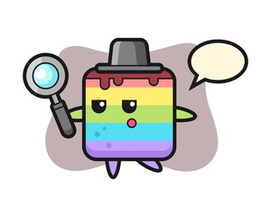 Rainbow cake cartoon character searching with a magnifying glass