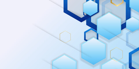 Abstract digital hexagon background with blue color and golden lines. Suit for technology corporate business