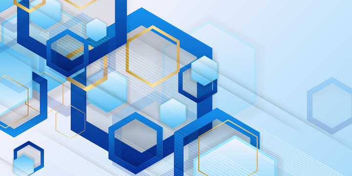 Abstract blue gold futuristic hexagon - Molecules technology with polygonal shapes on dark blue background. Illustration Vector design digital technology concept. 