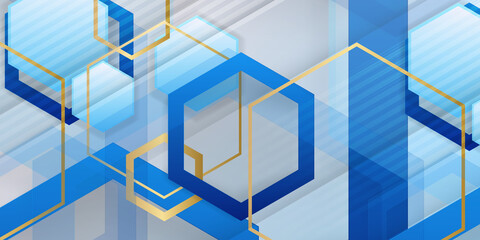 Obraz premium Vector hexagons pattern with blue and gold color. Geometric abstract background with simple hexagonal elements. Medical, technology or science design. 