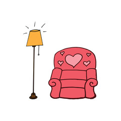 home furniture icon on white background. armchair and stand lamp vector illustration. hand drawn vector. pink armchair. doodle art for logo, label, poster, banner, advertising, clipart, sticker.