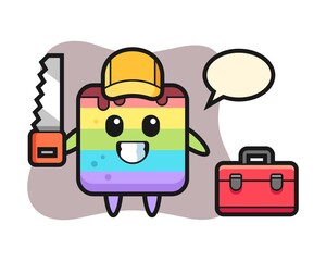 Illustration of rainbow cake character as a woodworker