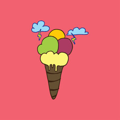 ice cream cone icon with clouds and thunderbolt on pink background. wafer cone, colorful ice cream. hand drawn vector. doodle art for kids, wallpaper, poster, card, clipart, sticker, advertising. 