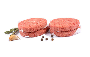 Raw beef patties for making a burger.Isolated on a white background.Selective Focus.