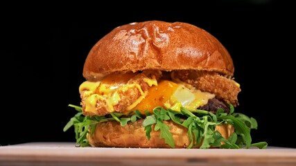 Craft burger is cooking on black background in black food gloves. Consist: sauce, arugula, tomato, red onion rings fries, cucumber, cheese, air bun and marble meat beef. Not made ideal. Looks real