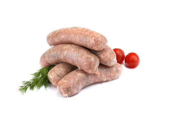 Raw pork sausages.Grilled sausages in close-up, isolated on a white background.Selective focus.