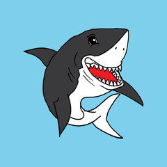 shark vector illustration on blue background. wild sea animal. smiley face. hand drawn vector. dangerous animal. sharp theeth. doodle art for logo, sticker, clipart, poster, banner, card.