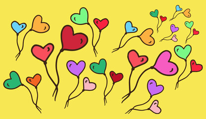 colorful shape of heart colorful balloon on yellow background. black outline, hand drawn vector. romantic background. doodle art for wallpaper, baner, poster, backdrop, theme mobile, greeting.
