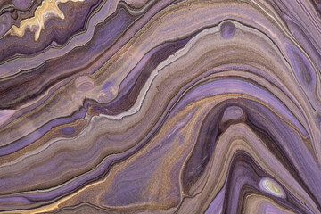 Abstract fluid art background purple and golden colors. Liquid marble, acrylic.