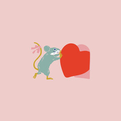 ハートとネズミのフラットなイラスト
