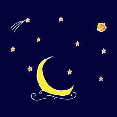 Obraz na płótnie Canvas night background. crescent moon with stars, planet and comet. abstract nature space. white outline, hand drawn vector. cute doodle artistic for wallpaper, cover, poster, greeting, wall decoration.
