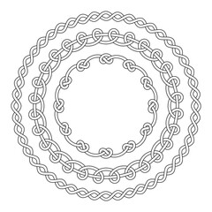 Black and white round decorative outline vector frames with knots and loops, isolated on white background