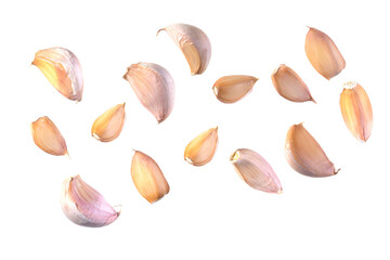 garlic cloves isolated on a white background, top view, macro shot