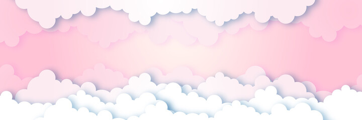 Fototapeta premium Abstract 3d white cloud detail in pink sky paper cut vector illustration background with copy space
