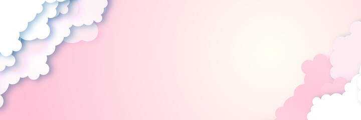 Abstract 3d white cloud detail in pink sky paper cut vector illustration background with copy space