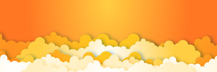  3d abstract paper cut illustration of pastel orange sky, sun and clouds. Vector colorful template.
