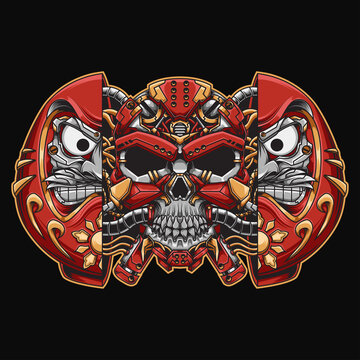Japanese Daruma skull mecha Illustration perfect for t-shirt design, merchandise, poster, sticker, etc